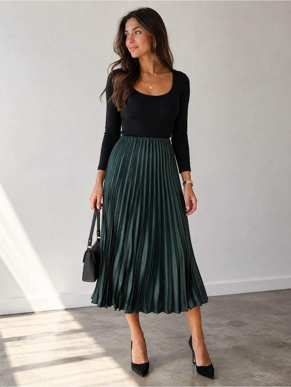 Mng Mango Forest Green Accordion Pleated Midi Skirt XXS Flowy Elastic Waist